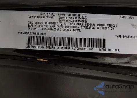 2005 Subaru Legacy Gt Limited z USA, uszkodzony, nr VIN 4S3BL676454218519